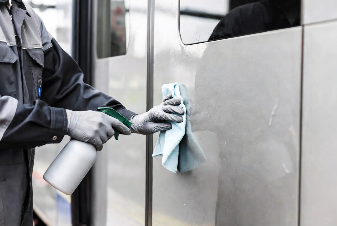Maintenance Team Cleaning Transit Doors Maintenance Team Cleaning Transit Doors